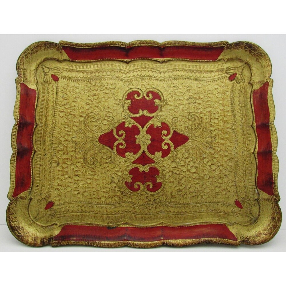 Italian Florentine Tray Gold Burgundy Red Hand Painted Wood Italy 14.5 " x 11”